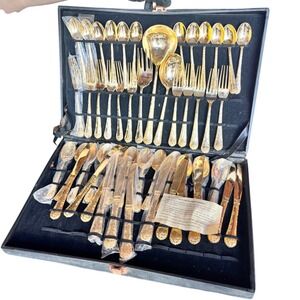 Vintage WM Rogers & Son Enchanted Rose gold-plated flatware set. 59-Pc w/Case